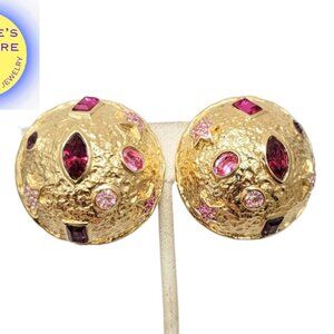 Vintage 1980s Signed Guy Laroche Paris Goldtone Round Rhinestone Clip Earrings